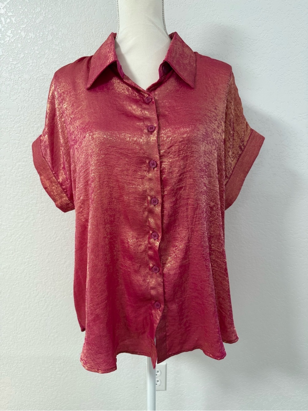Pink Satin Button-Up Collared Short Sleeve Blouse Solid Polyester Women L